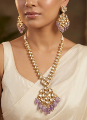 Long Kundan Necklace with Earrings – Light Purple Beads 7