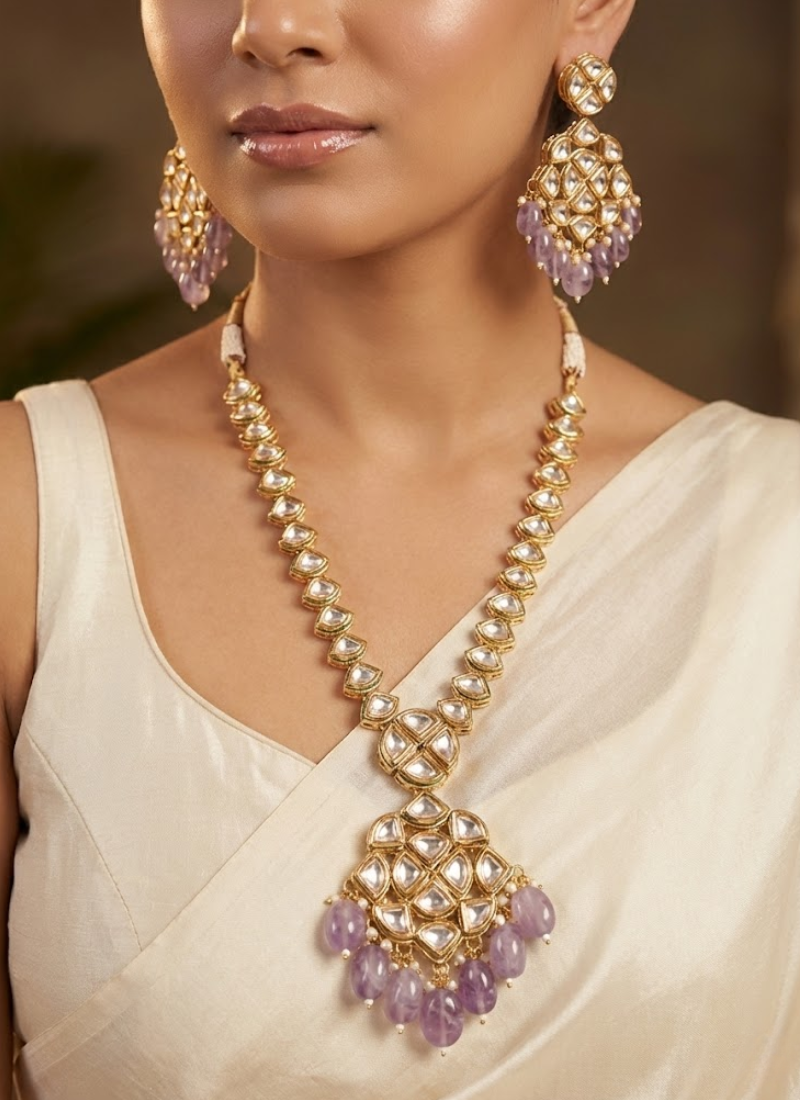 Long Kundan Necklace with Earrings – Light Purple Beads