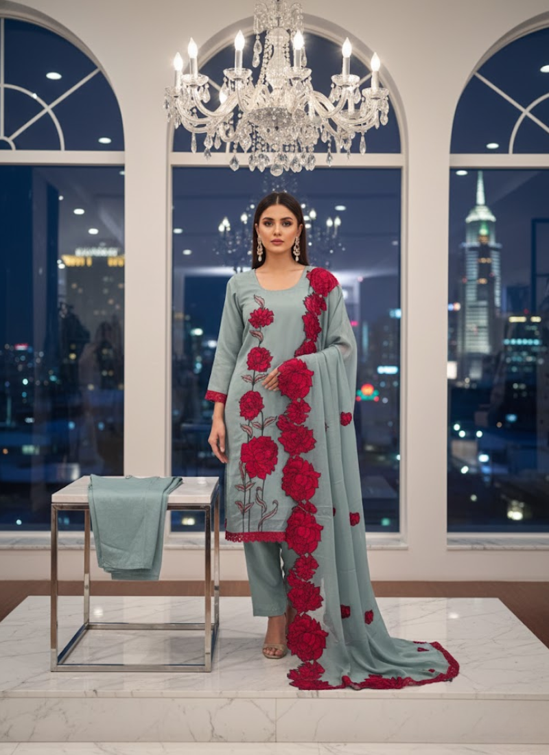 Blue Silk Organza Salwar Kameez with Floral Embroidery Dupatta