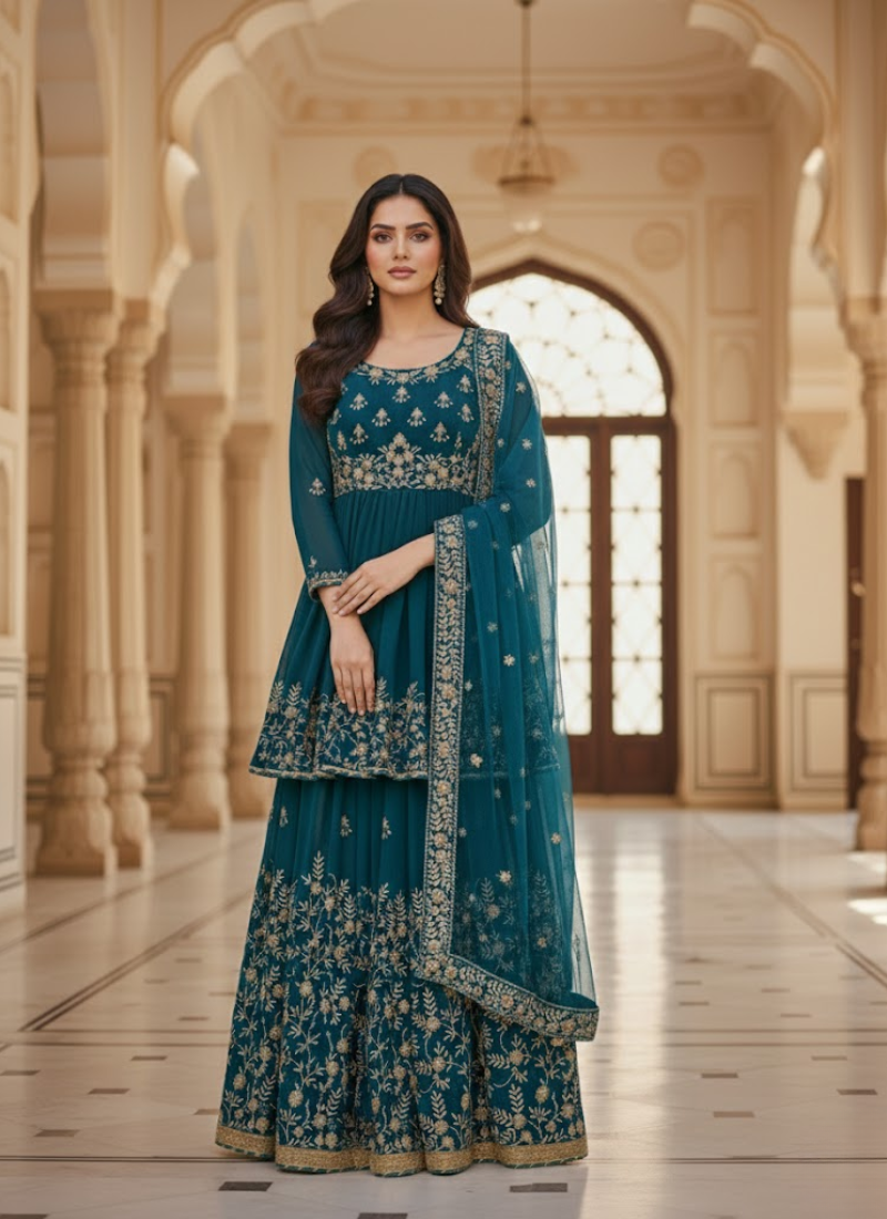Sea Green Georgette Gharara with Embroidered Net Dupatta