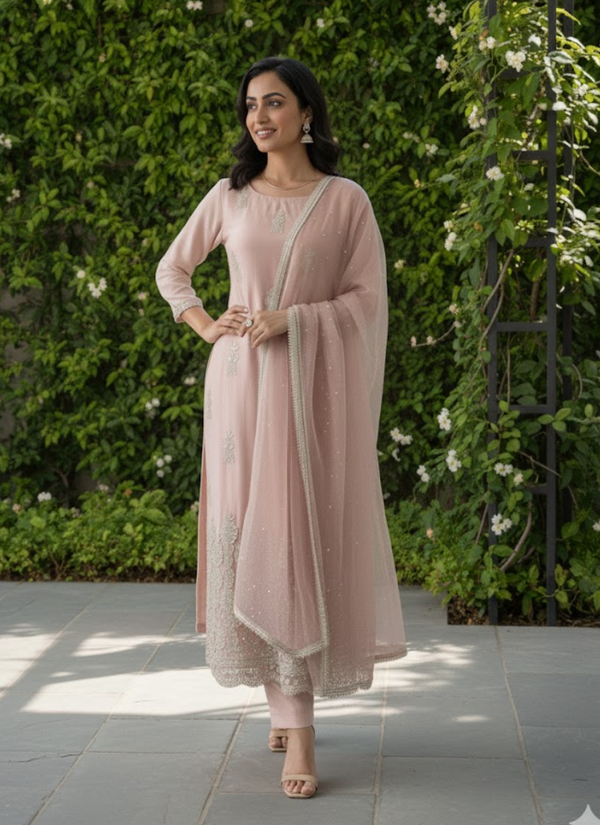 Glass Silk Salwar Suit with Sequins &amp; Chiffon Dupatta