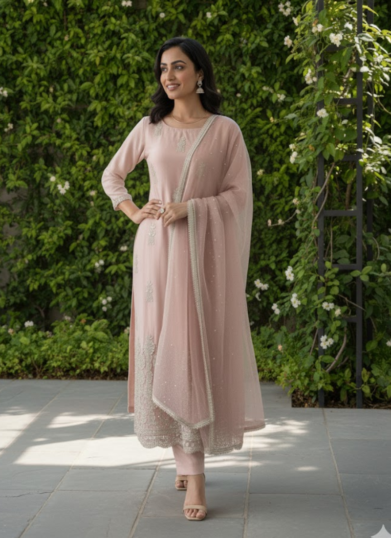 Glass Silk Salwar Suit with Sequins &amp; Chiffon Dupatta