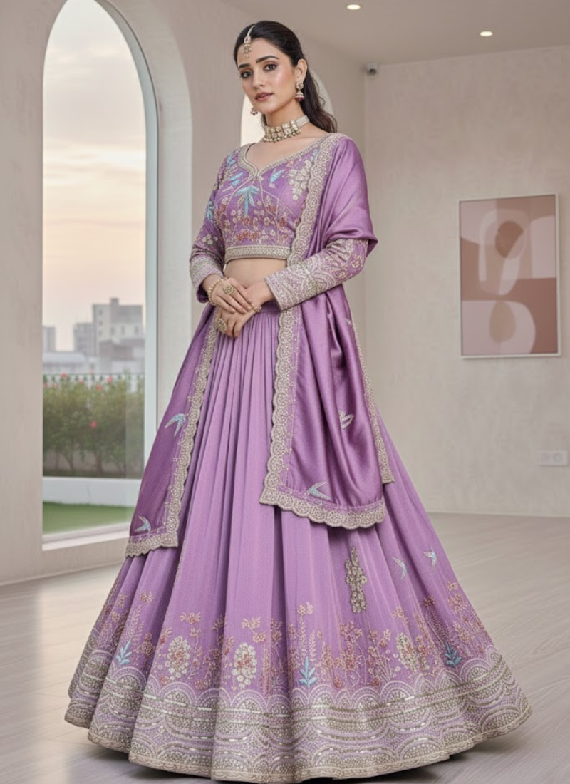 Pure Vichitra Embroidered Lehenga Choli Set