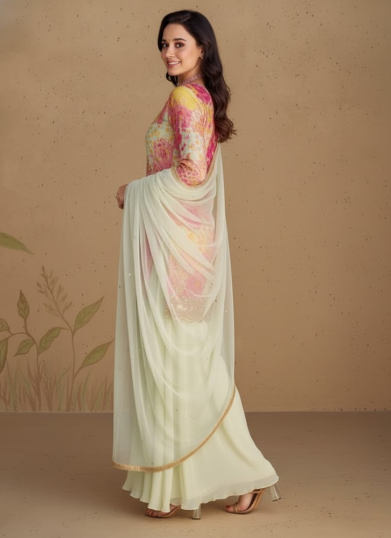 Chinon Silk Embroidered Palazzo Suit with Net Dupatta - View 5