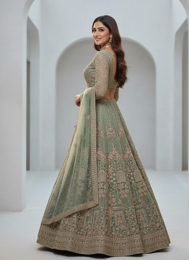 Premium Net Lehenga with Sequins Coding Work & Dupatta – Semi Stitched