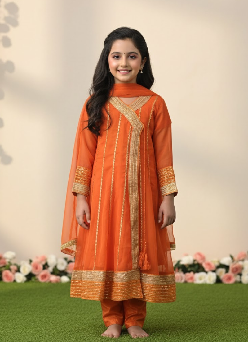 Orange Chiffon Kids Anarkali Dress – Angrakha Style