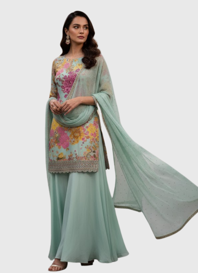 Off-White Floral Chinon Silk Sharara Suit – Elegant Sharara Set