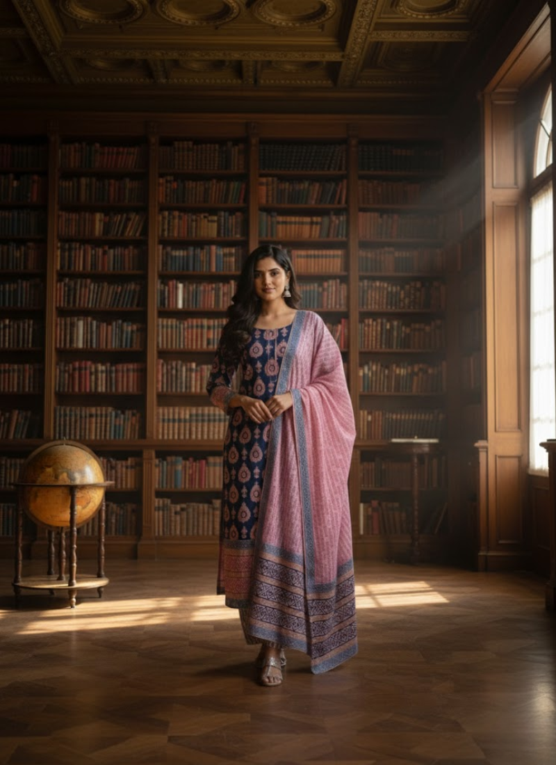 Cotton Block Printed Salwar Suit – Royal Blue & Pink