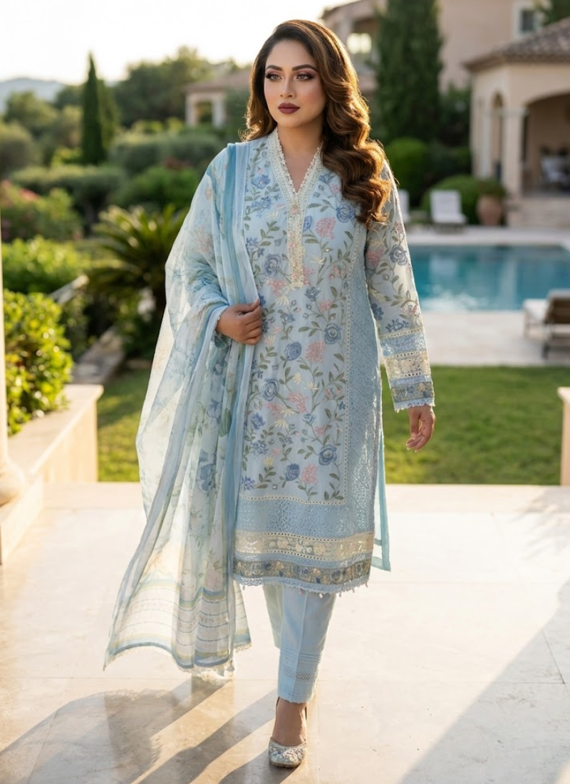 Women’s chiffon salwar kameez with satin salwar, embroidered sleeves, georgette dupatta, and festive detailing.