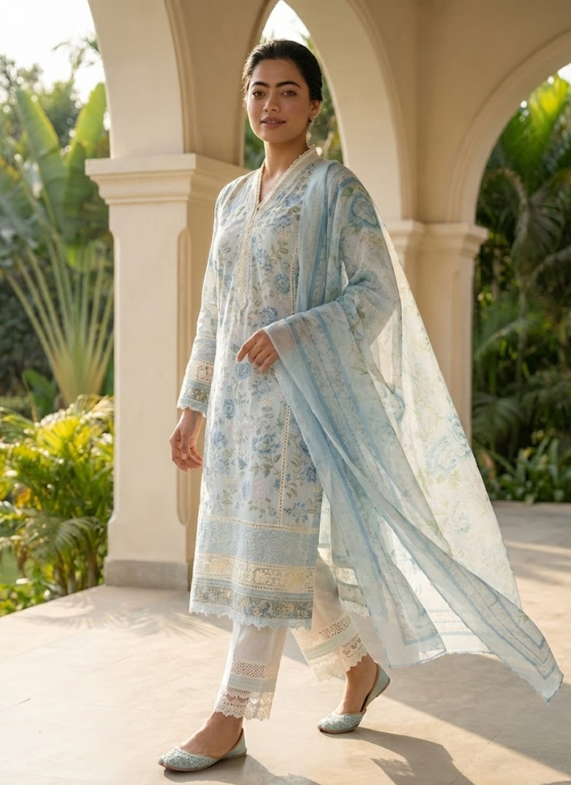 Statement light ash pest salwar kameez with tassels, lace work, and chikankari embroidery on both sides.