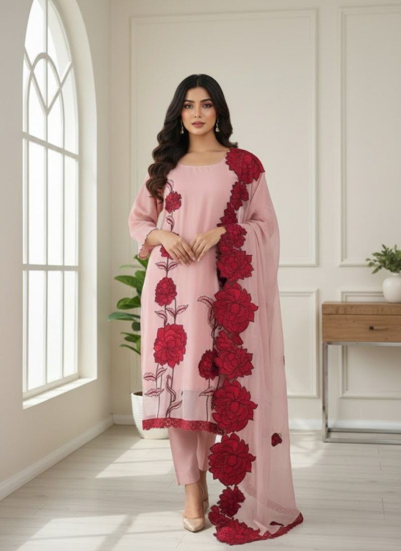 Pink Silk Organza Salwar Kameez with Floral Embroidery Dupatta