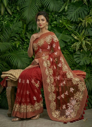 Pure Maslin Saree with Embroidery &amp; Matching Blouse Piece 5