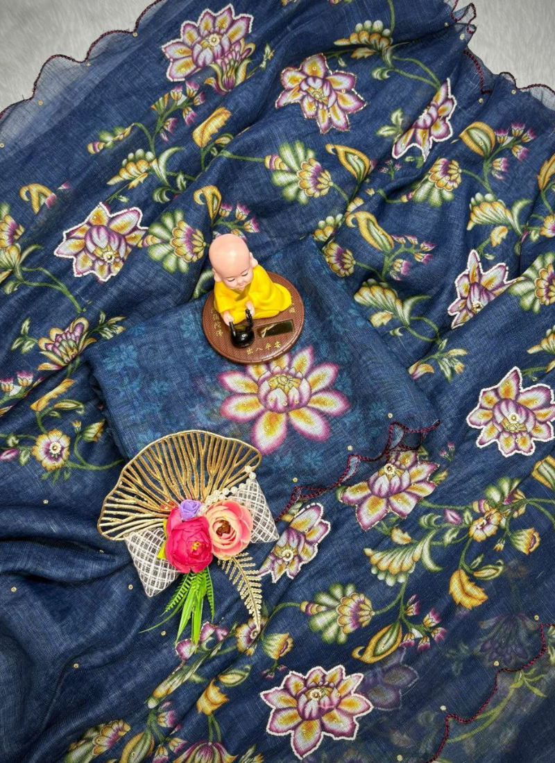 Soft Cotton Indian Saree with Digital Print & Khatli Work Border - View 7