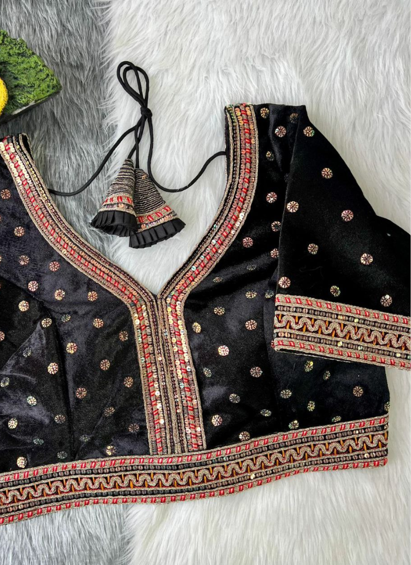Elegant women’s blouse in pure velvet fabric, heavy embroidery and glitter sequence work, back open style.