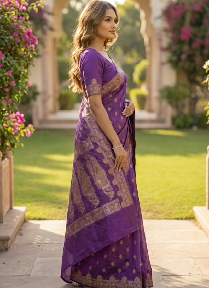 Rich Vibrant Purple Katan Silk Saree with Blouse