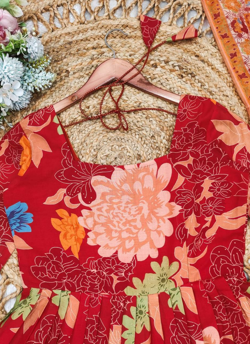 Red Cotton Chanderi Anarkali Dress with Vibrant Floral Print