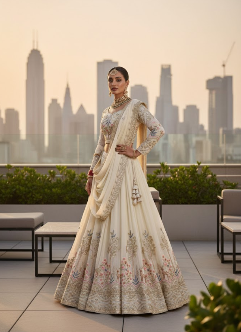 Pure Vichitra Embroidered Lehenga Choli Set