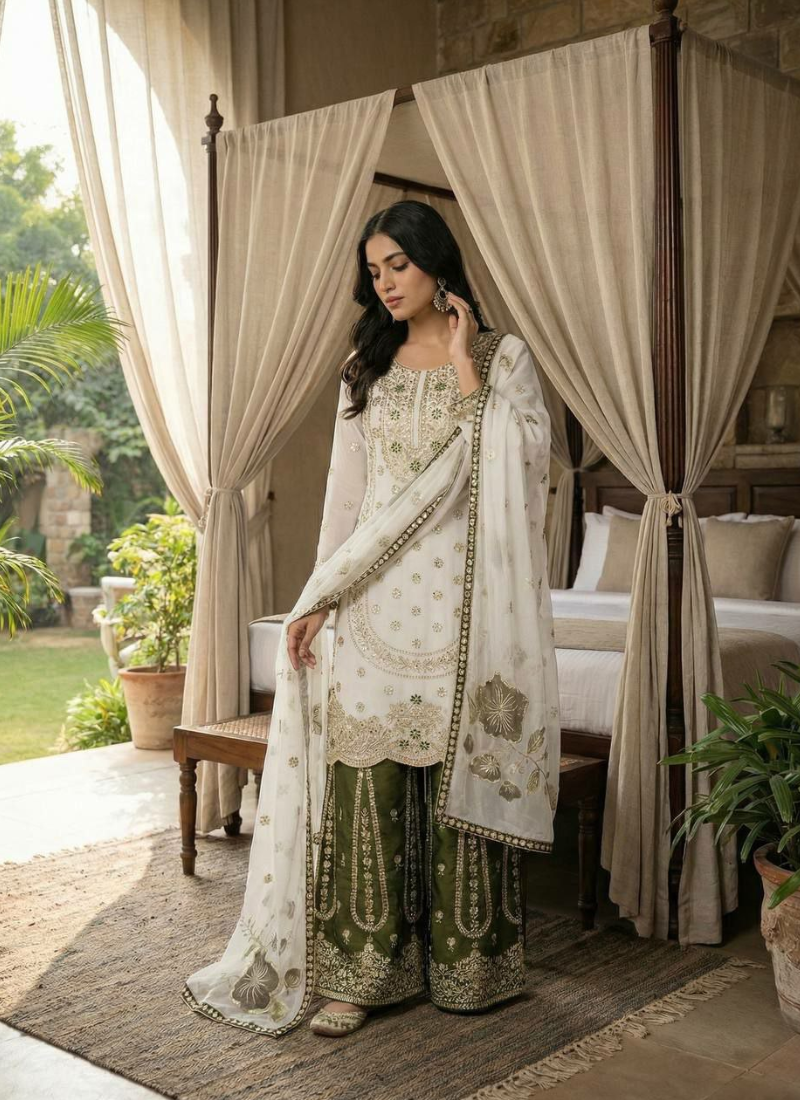 Sharara Suit in GMY Silk with Heavy Embroidery, Sequins Work & Organza Dupatta