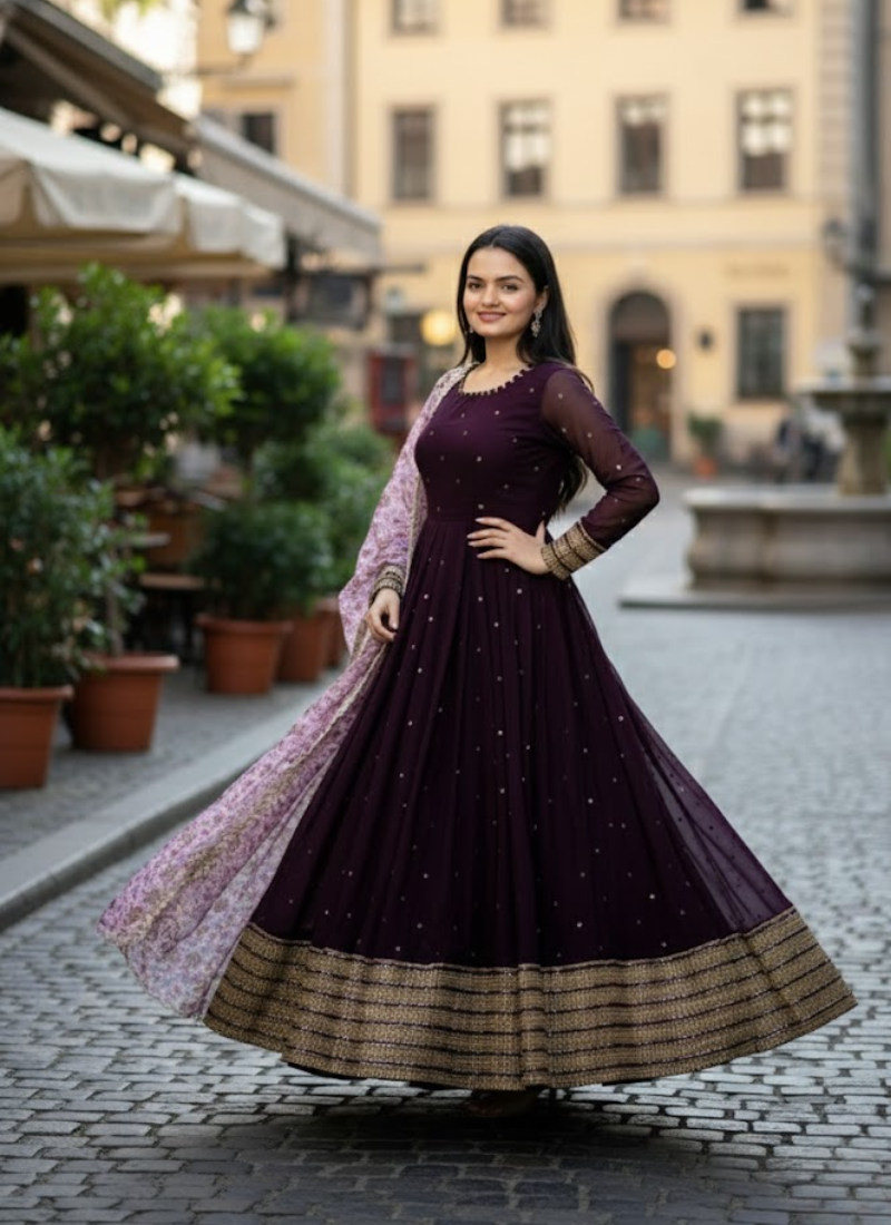 Purple Georgette Anarkali with Printed Dupatta