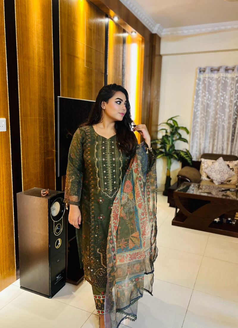 Dark Green Organza Salwar Suit with Pearl Work - View 7