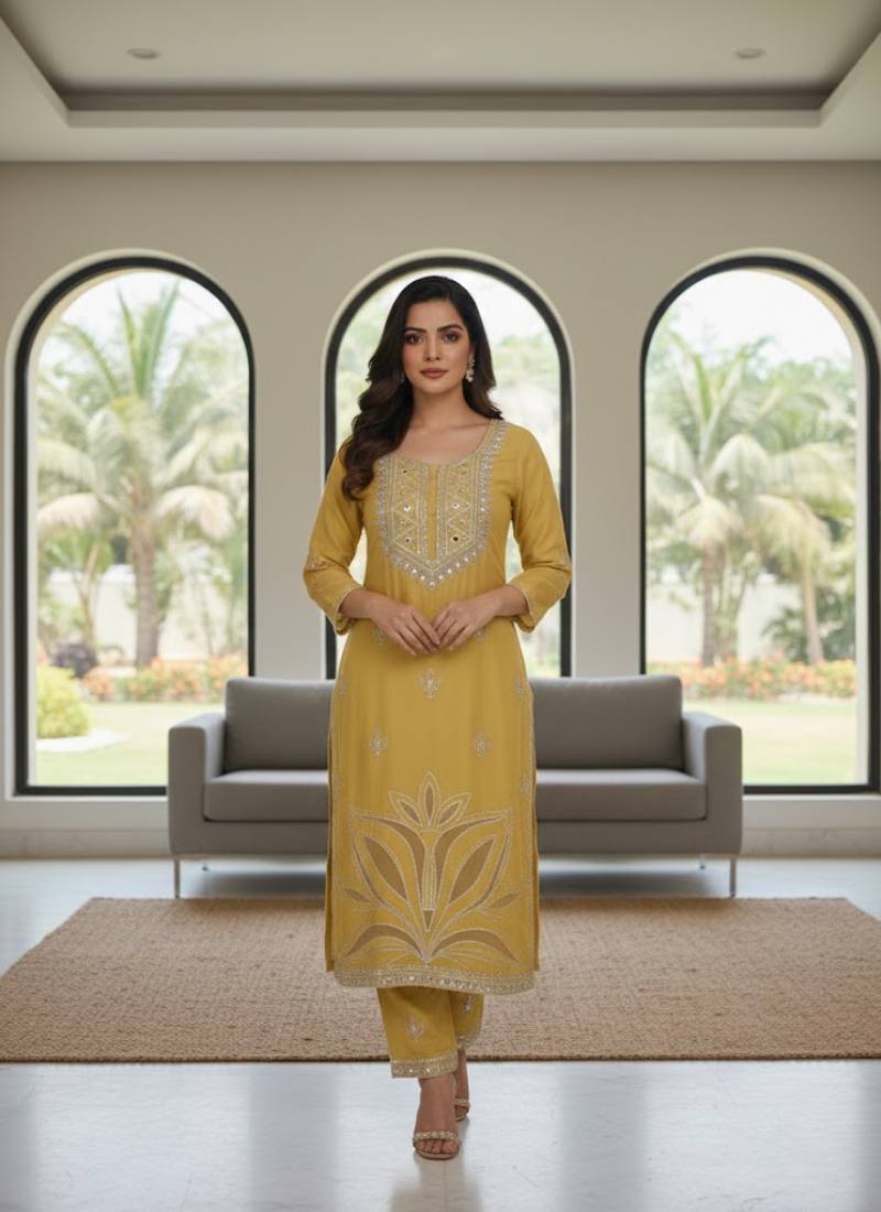 Pakistani Chinon Silk Salwar Suit with Mirror & Cut Work