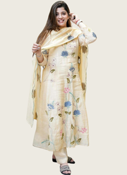 Cream Punjabi Suit in Chanderi Cotton with Embroidery + Dupatta 2