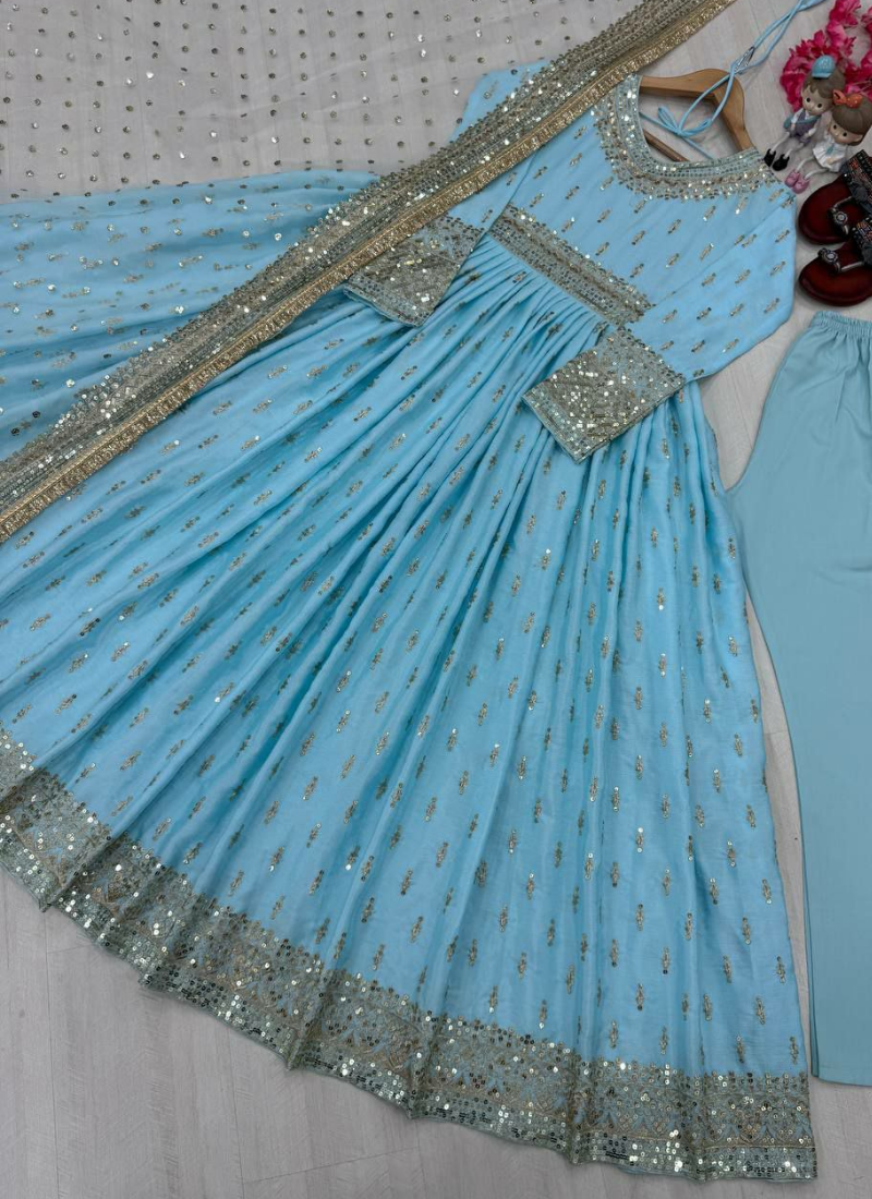 Chinon Silk Embroidered Gown Set with Tassel Sleeves