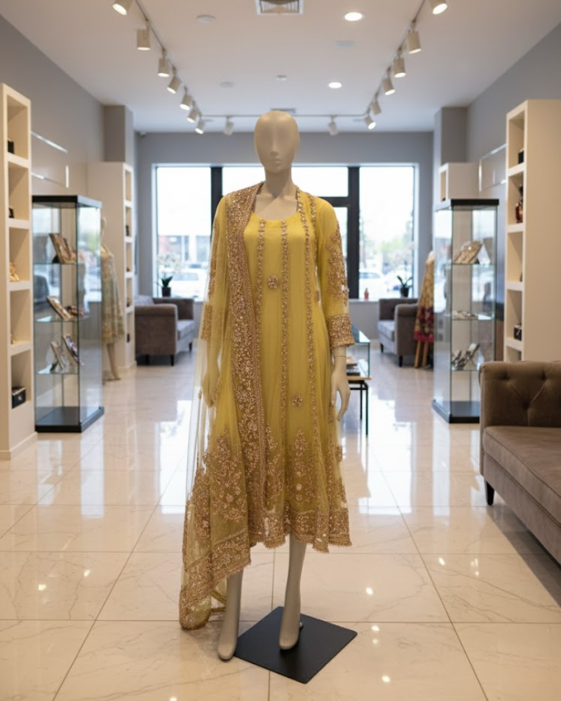 Yellow Net Pakistani Anarkali Dress – Gota Patti Hand Work