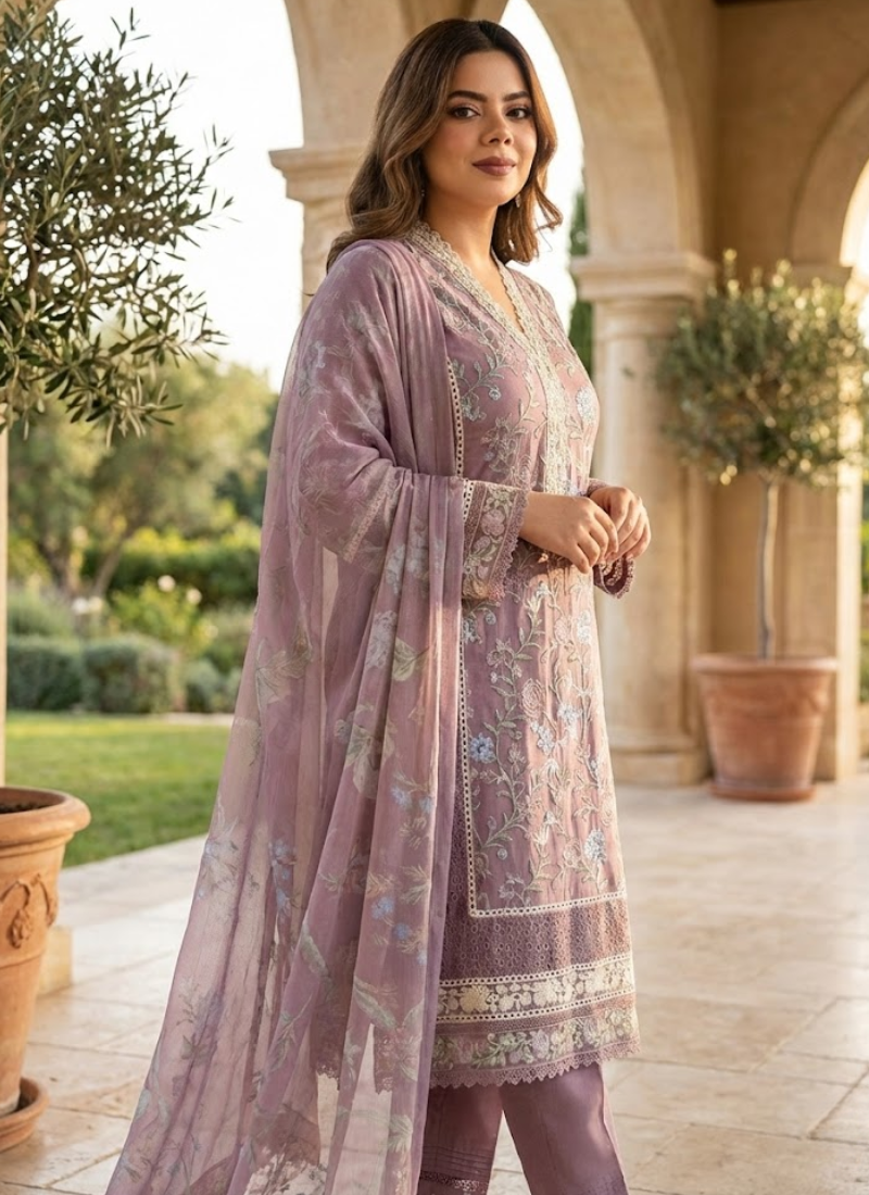 Elegant Indian salwar kameez in light purple chiffon with chikankari detailing and premium embroidery.