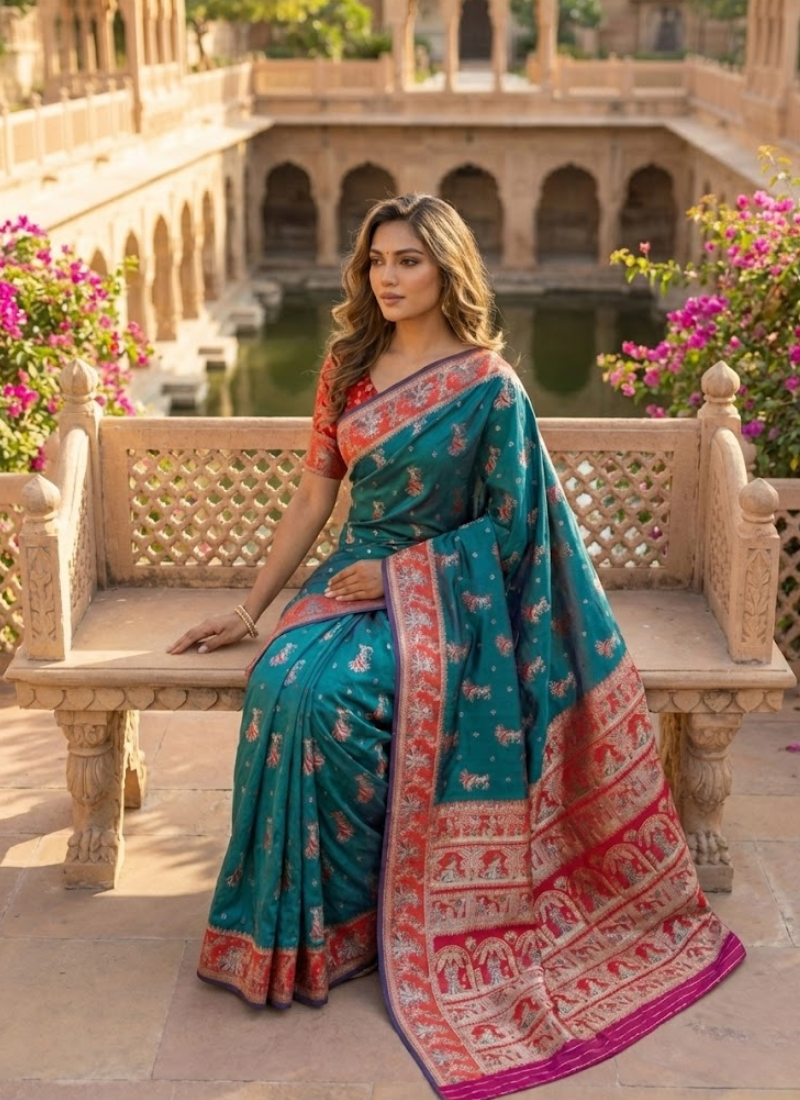 Sharnachura Silk Saree – Sea Green Zari with Blouse Piece