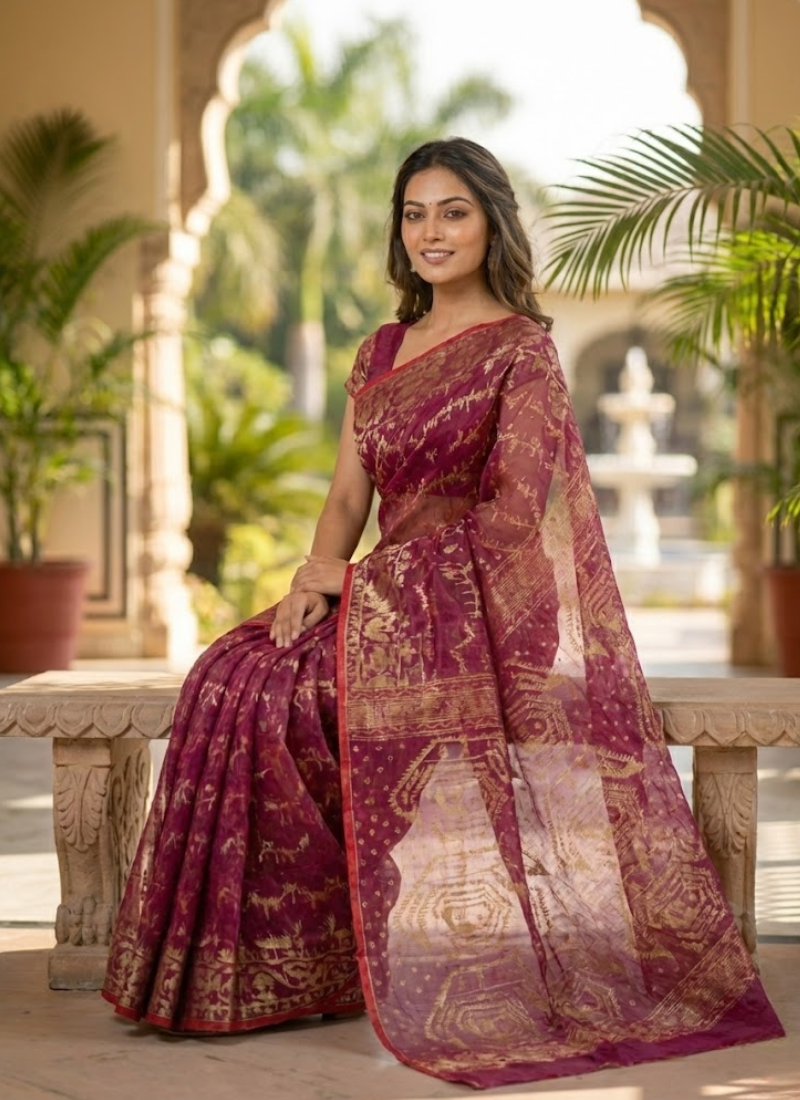 Dark Magenta Jamdani Saree with Mari Thread Work