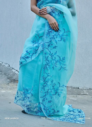 Aqua Blue Silk Saree with Floral Print, Beads & Katdana Handwork + Blouse Piece 4
