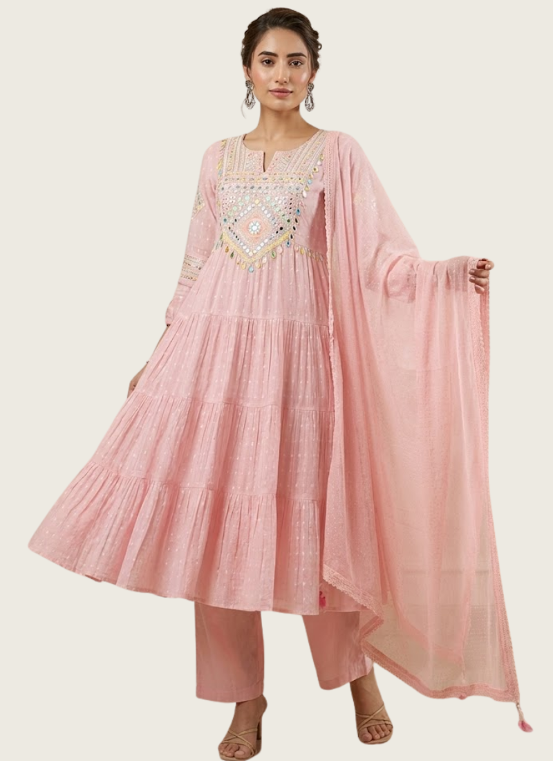 Pink Anarkali Suit in Flex Butti Cotton with Embroidery + Kota Dupatta