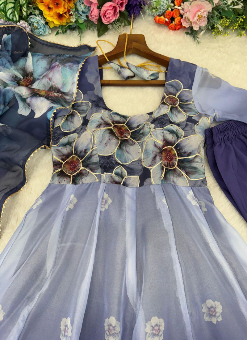 Organza Silk Anarkali Dress with Digital Print & Golden Lace Dupatta