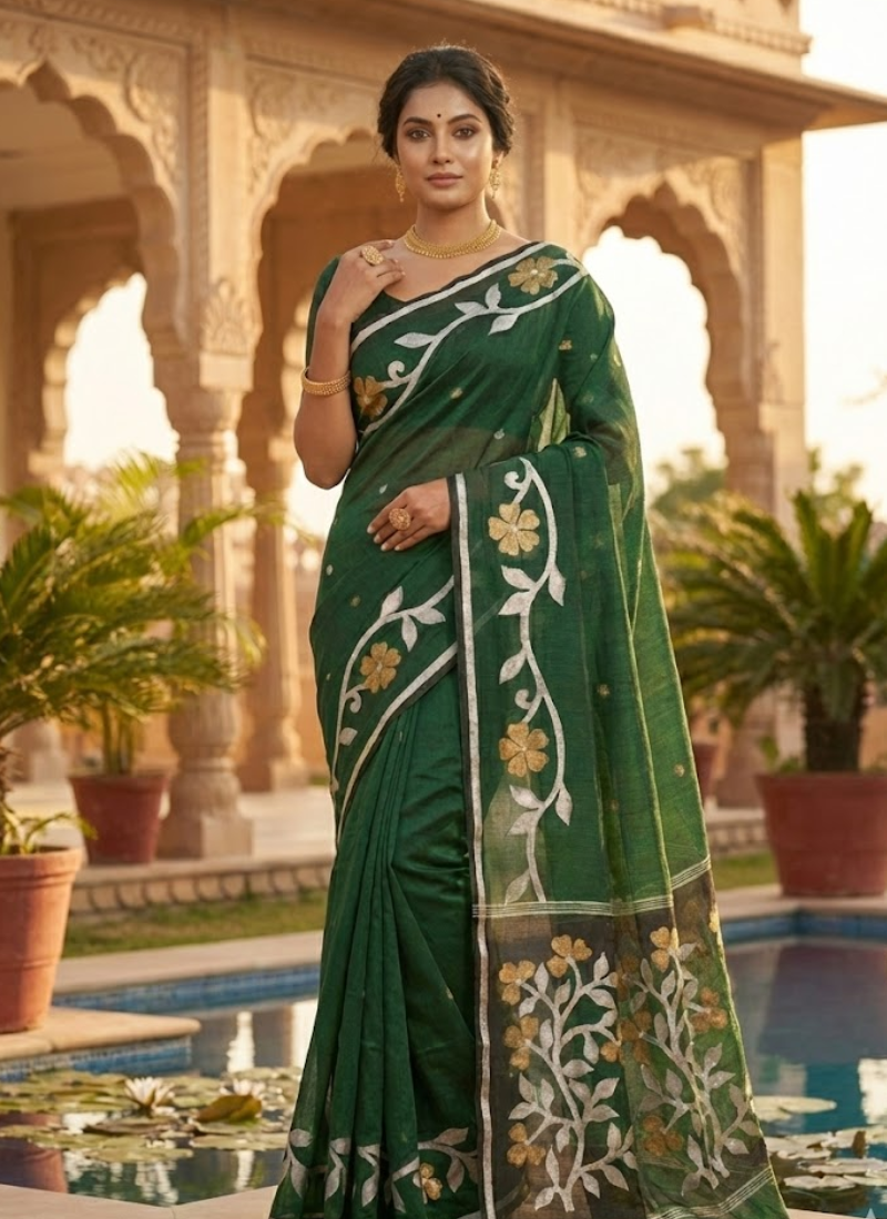 Bottle Green Tantuz Saree in Mixed Maslin Fabric