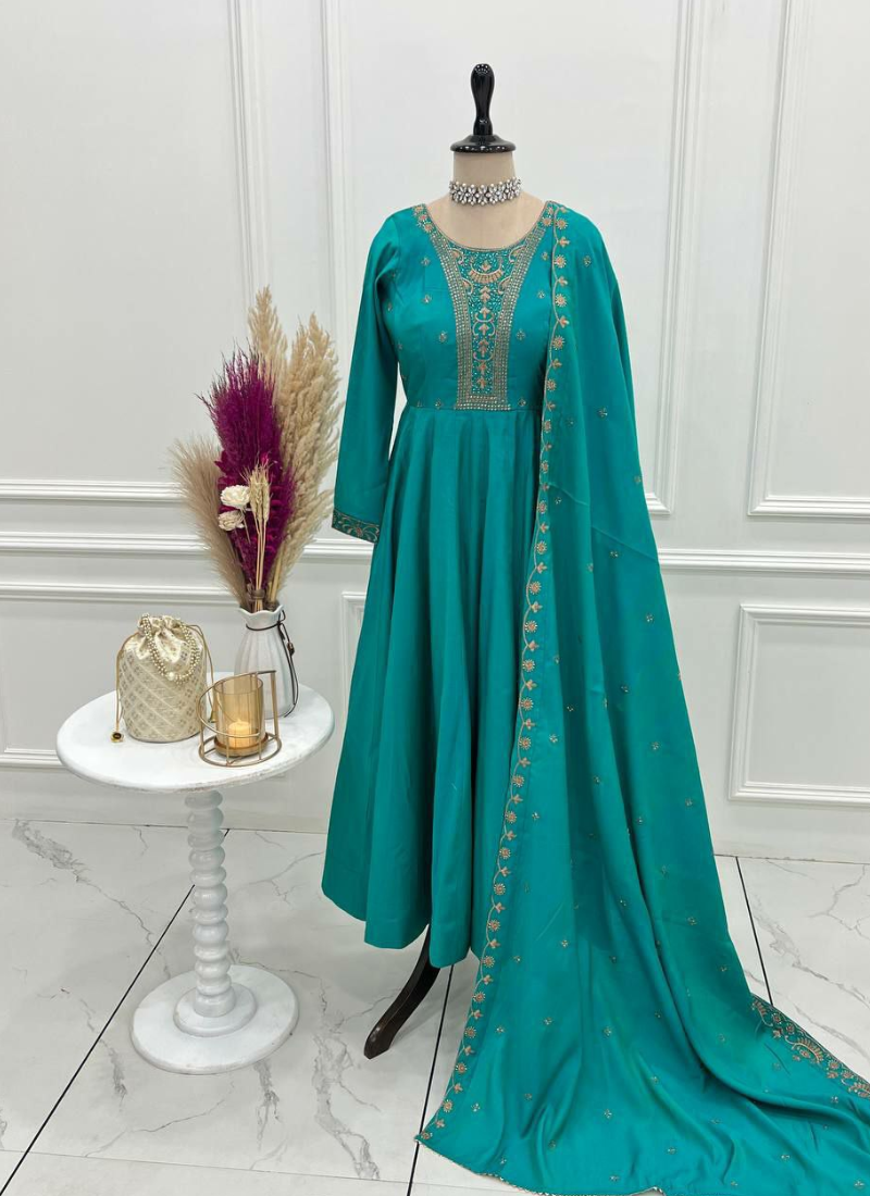 Anarkali Suit in Roman Shimmer Chanderi Silk with Beads Handwork + Embroidered Dupatta
