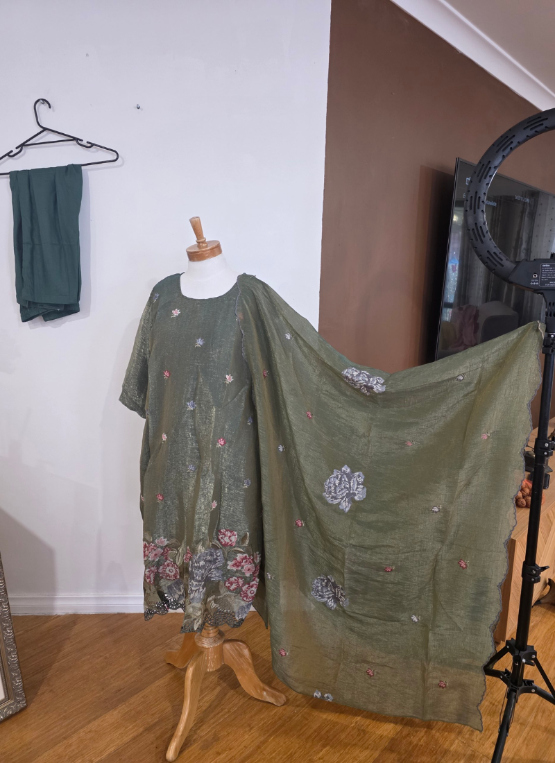 Crepe Silk Salwar Suit – Green with Floral Embroidery