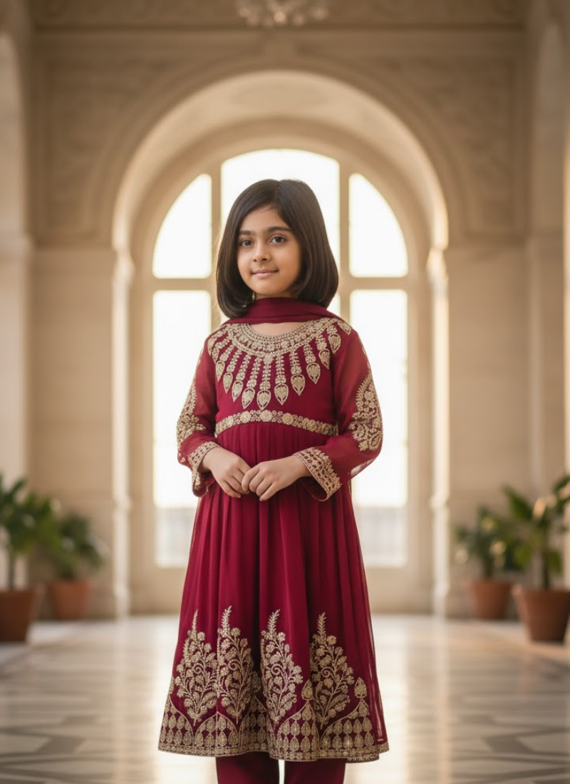 Red Chiffon Anarkali Dress for Kids – Festive Wear