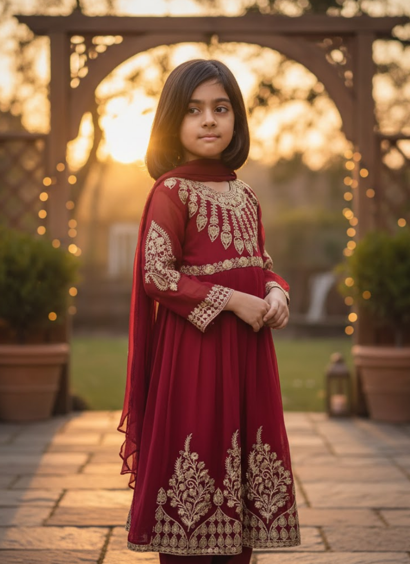 Red Chiffon Anarkali Dress for Kids – Festive Wear