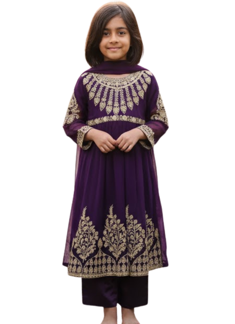 Royal Plum Chiffon Anarkali Dress for Kids – Elegant Festive Wear