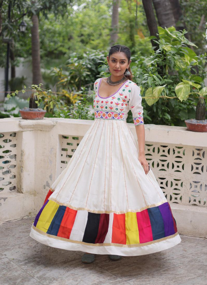 Roman Fabric Anarkali Dress with Multicolour Thread & Gota Lace Work Australia