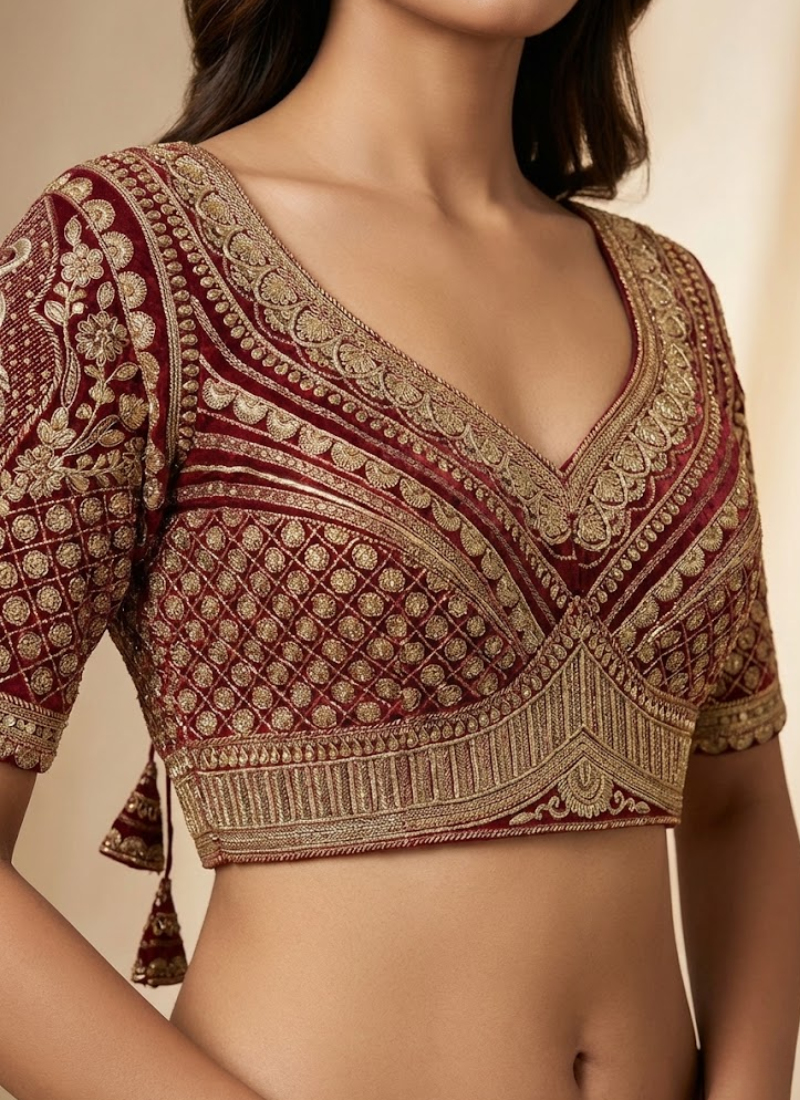 Roman Silk Women’s Blouse with Heavy Embroidery & Back‑Open Design