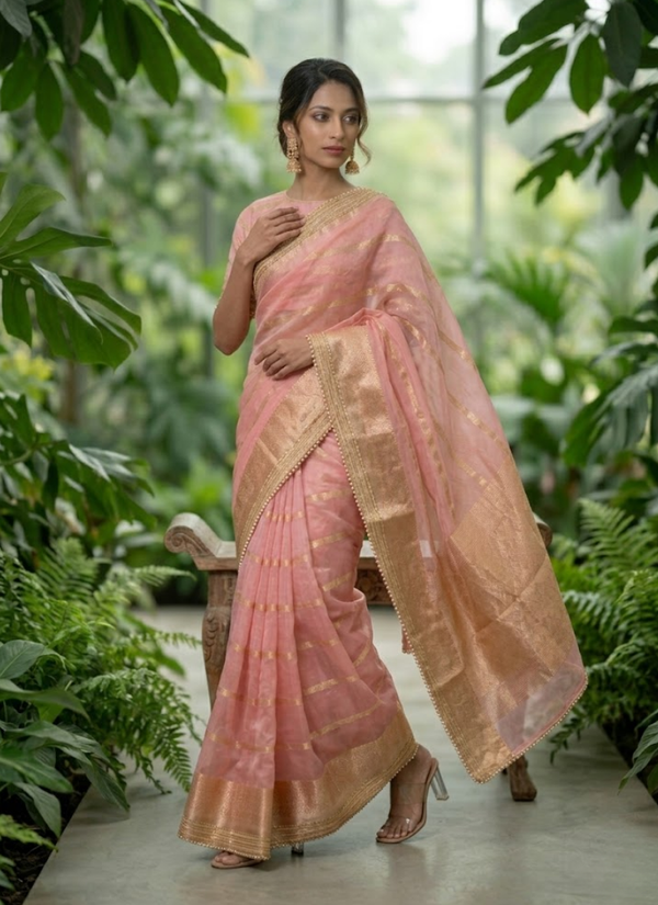 Pink Banarasi Organza Saree with Blouse Piece