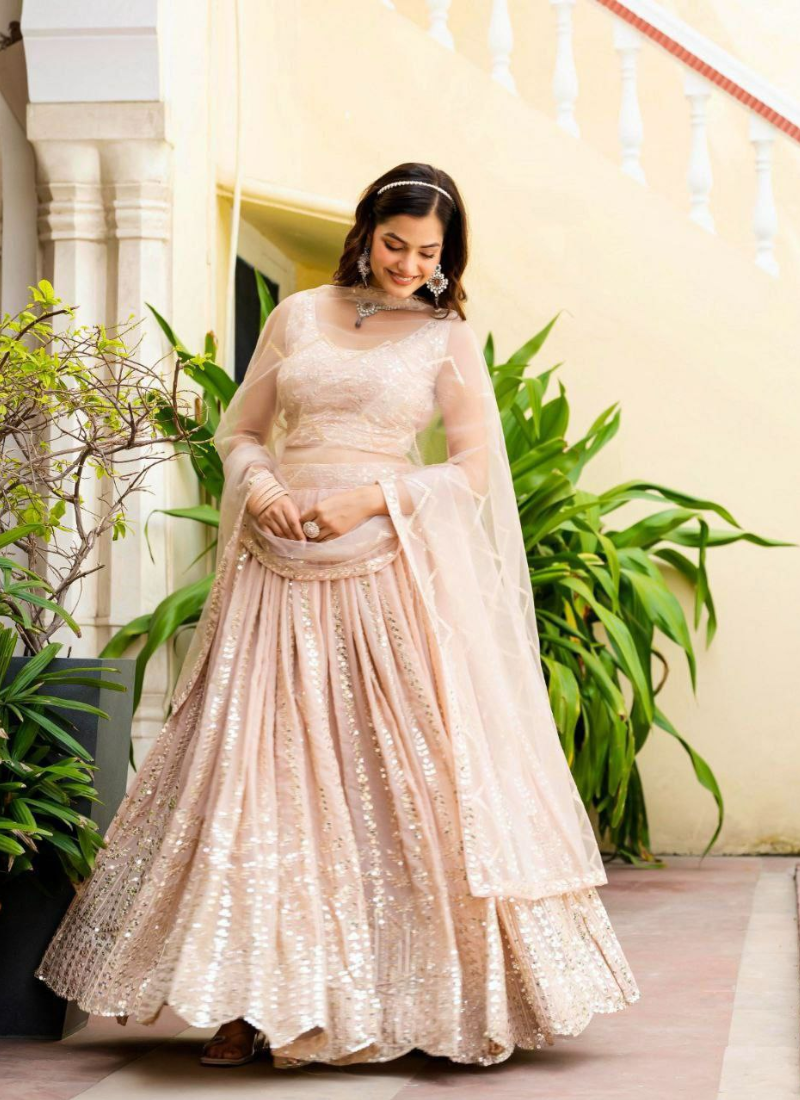 Faux Georgette Bridesmaid Lehenga Choli with Zari & Sequins Embroidery + Net Dupatta