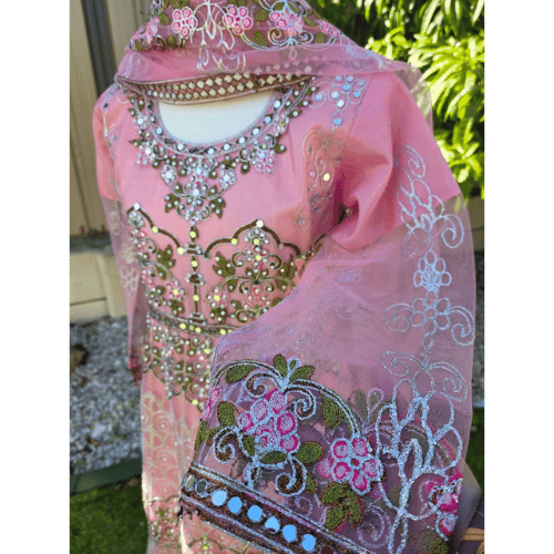 Pink Pakistani Anarkali Suit – Net Fabric with Embroidery