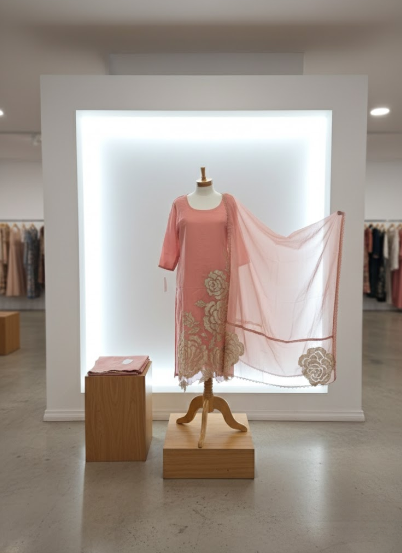 Peach Pink Silk Organza Salwar Kameez with Cut Work Dupatta