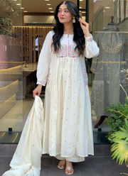 Mul Mul Cotton Punjabi Suit with Floral Embroidery & Scallop Dupatta 8
