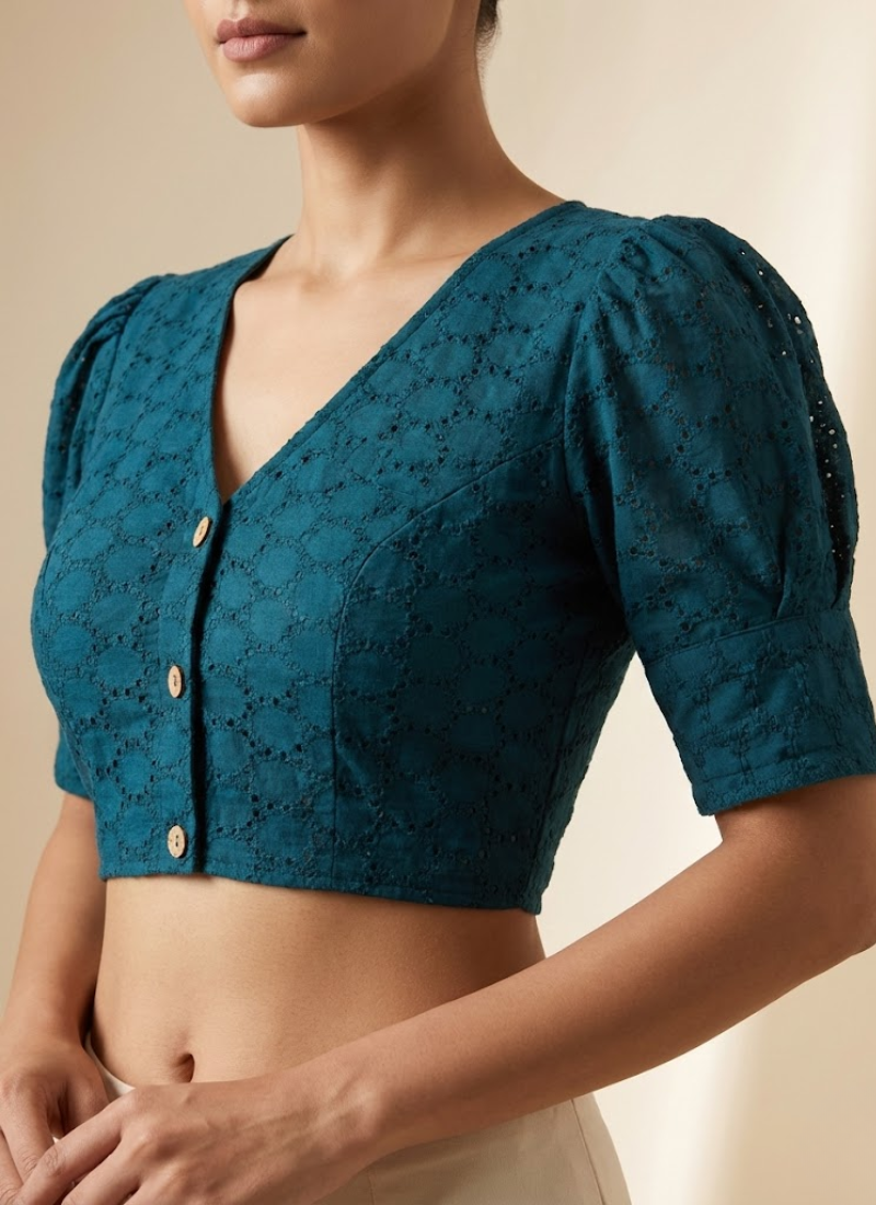 Pure Cotton Hakoba Puff Sleeve Blouse with Football Design