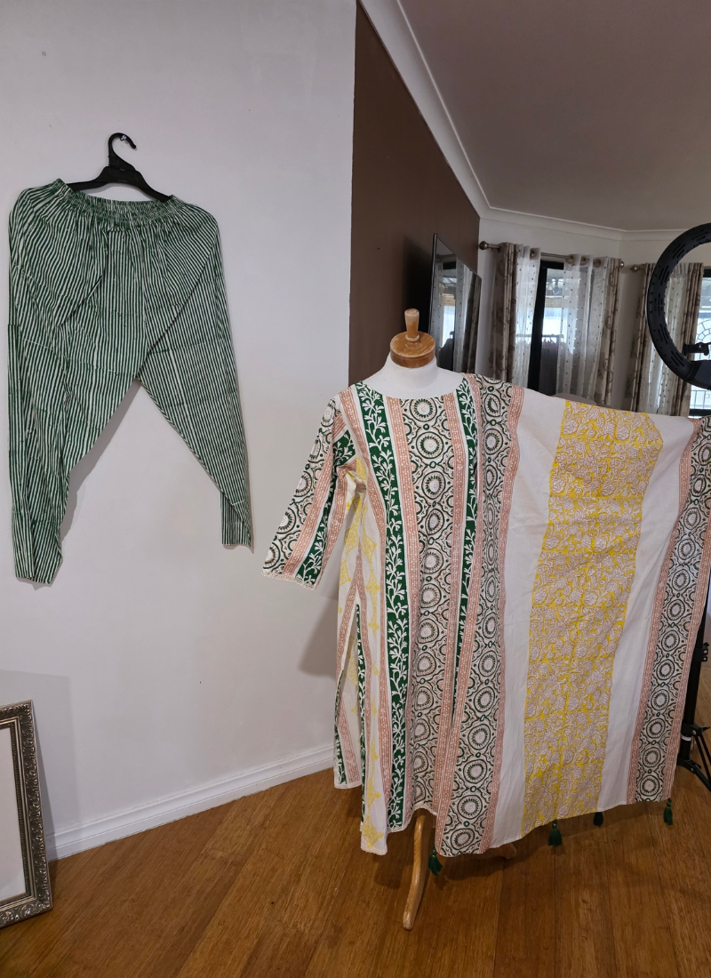 Cotton Block Printed Salwar Suit – White, Yellow & Green