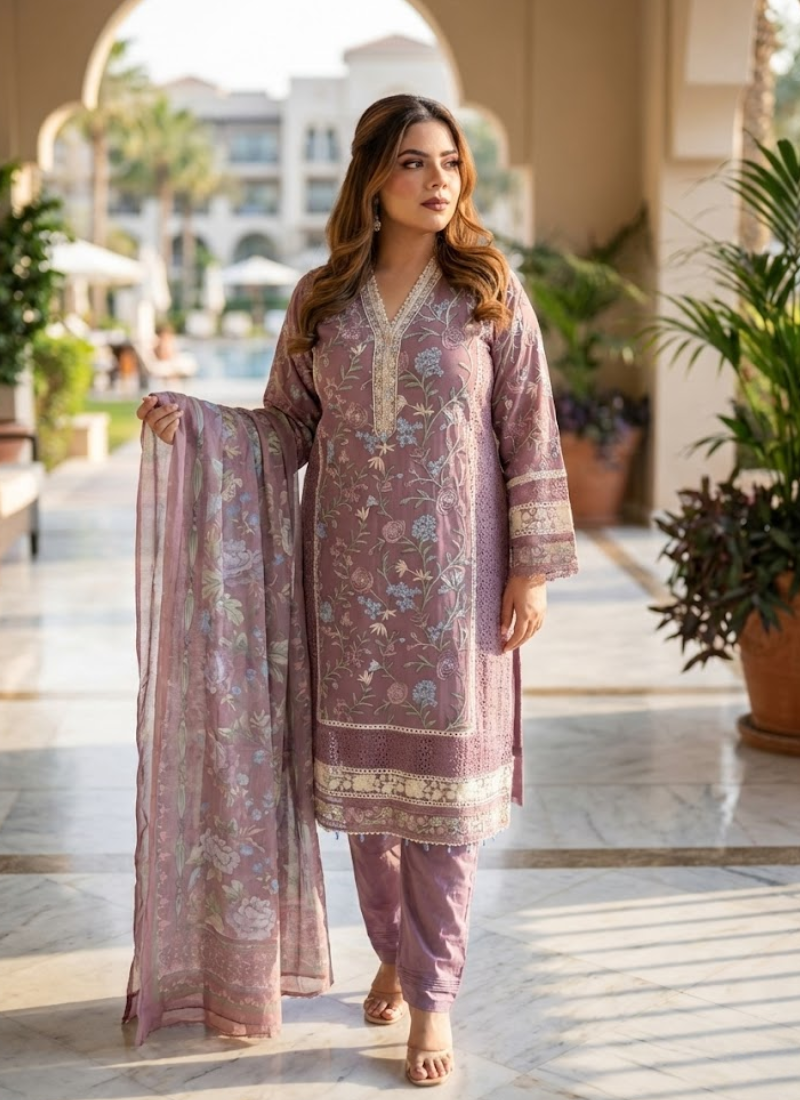 Statement light purple salwar kameez with tassels, lace work, and chikankari embroidery on both sides.